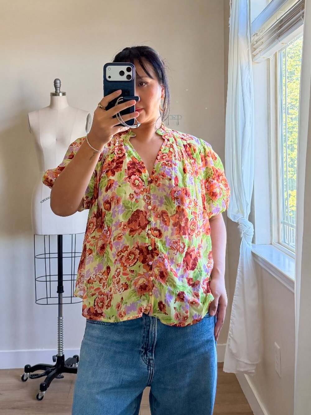 Anthropologie Floral Blouse Size S | Viscose Puff Sleeve Top | Button Front Boho